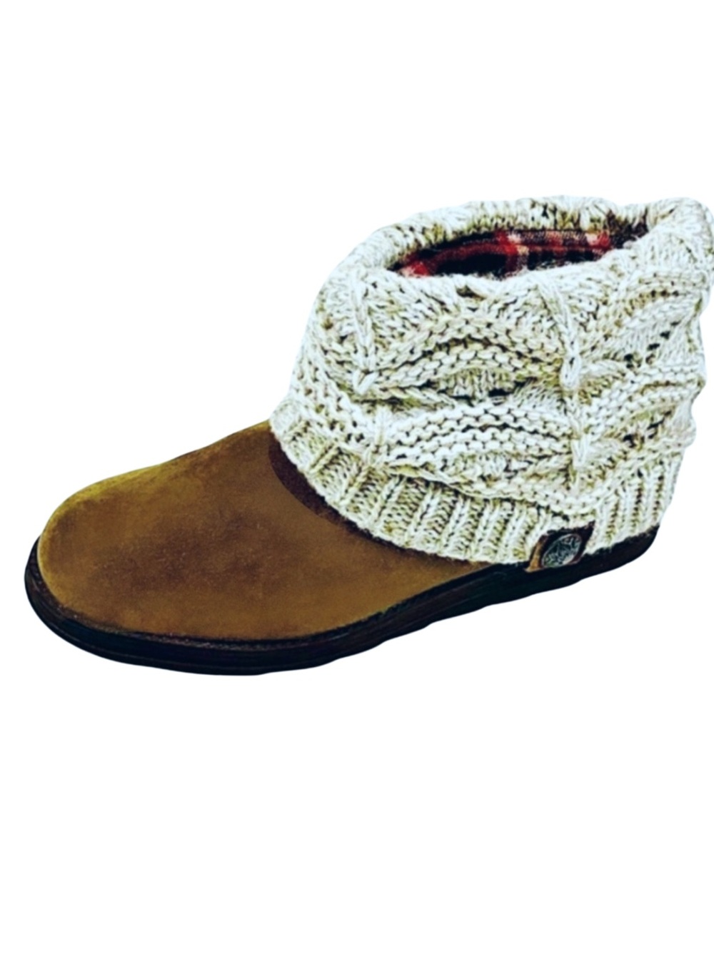 Muk Luks Tan Suede Ankle Boot with Cream Knit Fold-Over Cuff
